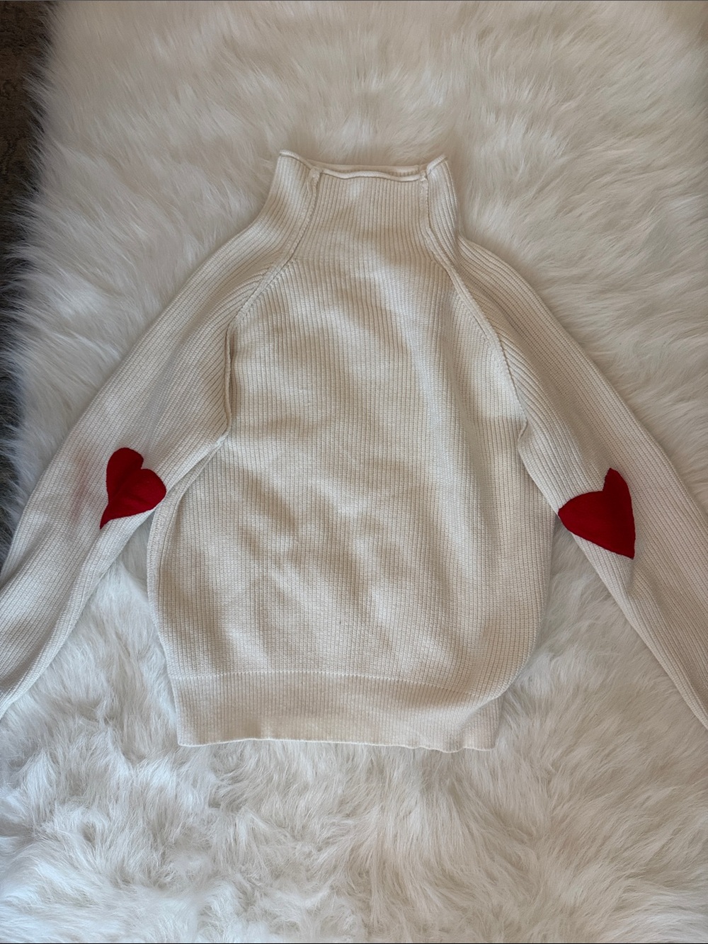 Chicwish Cream Turtleneck Sweater with Red Heart Elbow Patches